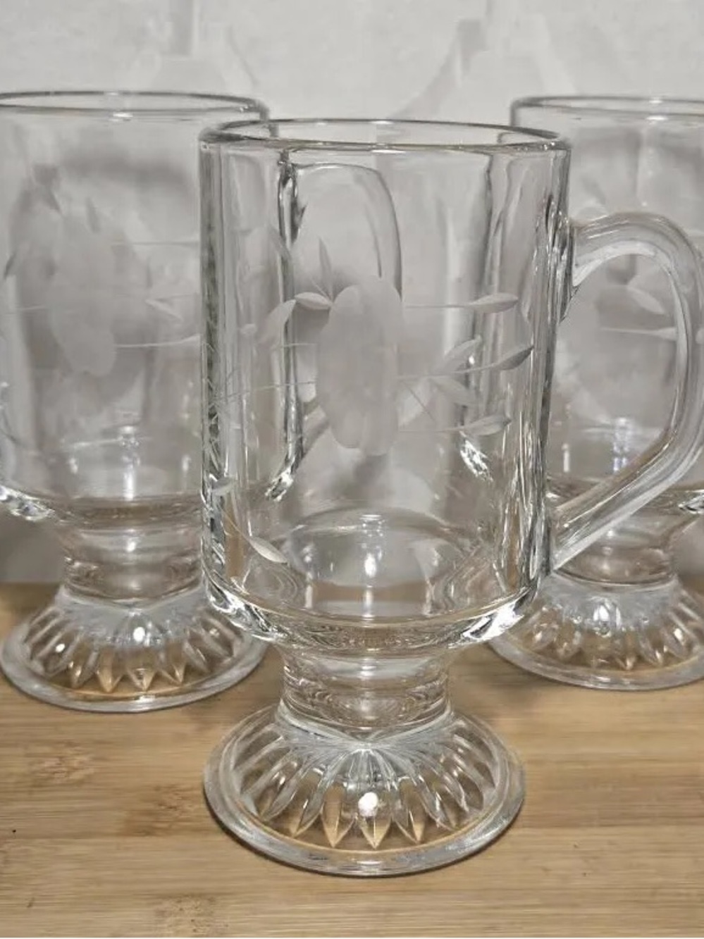 Princess House Clear Etched Glass Pedestal Mugs with Floral Motif - Set of 6